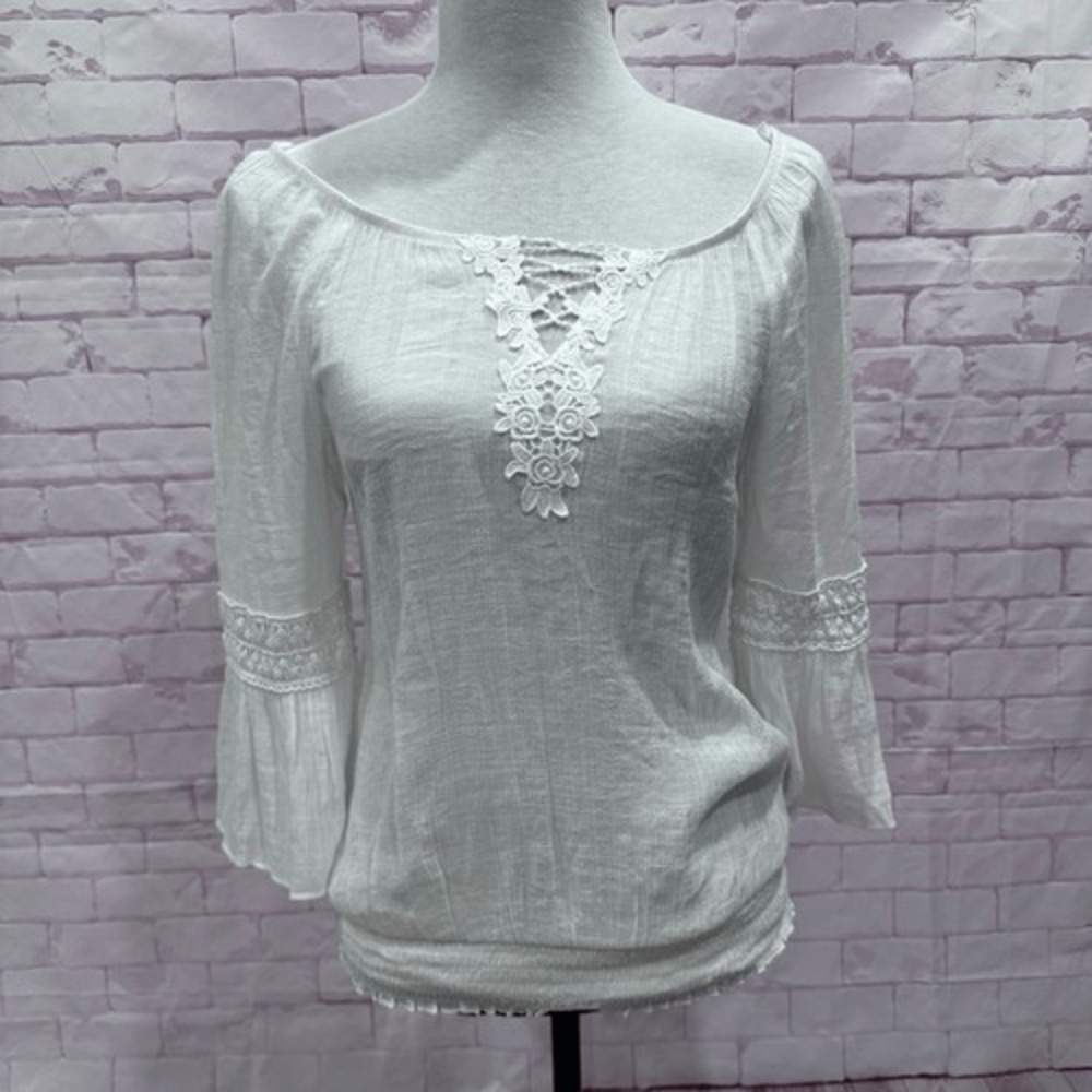 White Lace Peasant Top Blouse 3/4 Sleeve‎ Bohemian Off Shoulder Casual